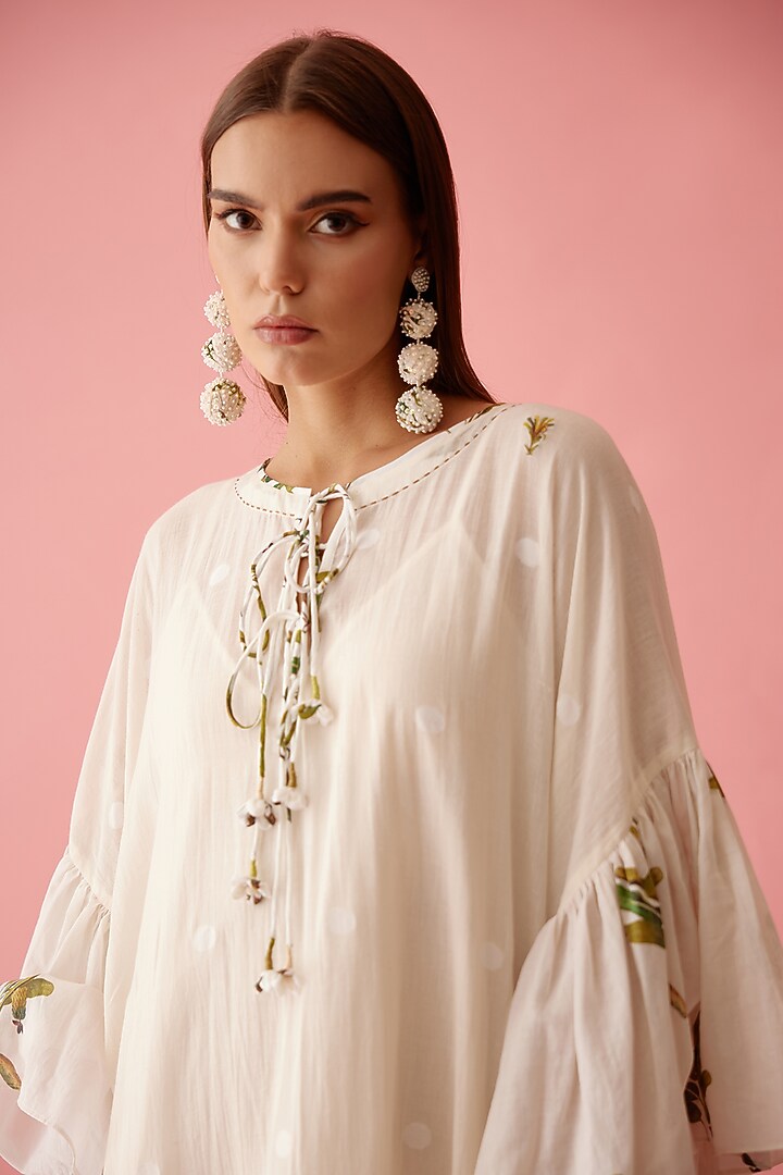 Cream Handwoven Jamdani Cotton Printed Summer Dress by Nikasha at Pernia's Pop Up Shop