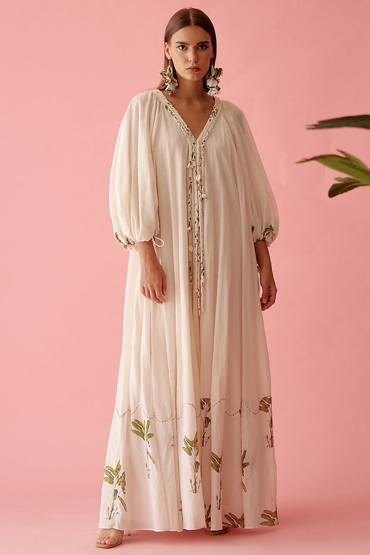 Cream Handwoven Jamdani Cotton Printed Maxi Dress by Nikasha at Pernia's Pop Up Shop