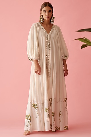Cream Handwoven Jamdani Cotton Printed Maxi Dress by Nikasha