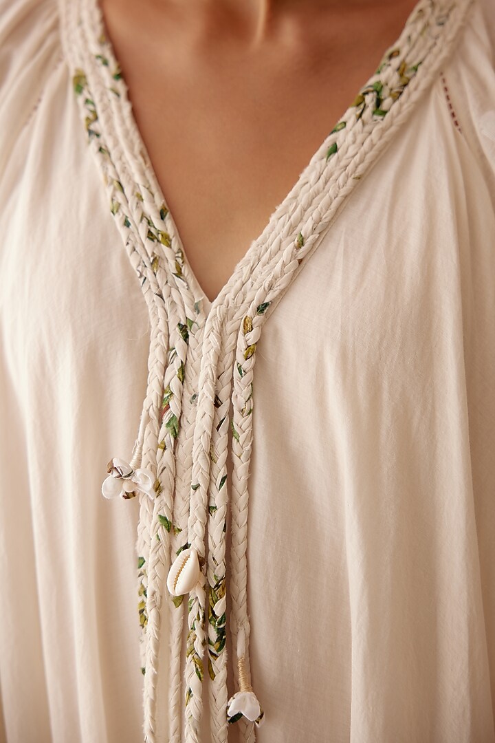 Cream Handwoven Jamdani Cotton Printed Maxi Vacation Dress by Nikasha at Pernia's Pop Up Shop
