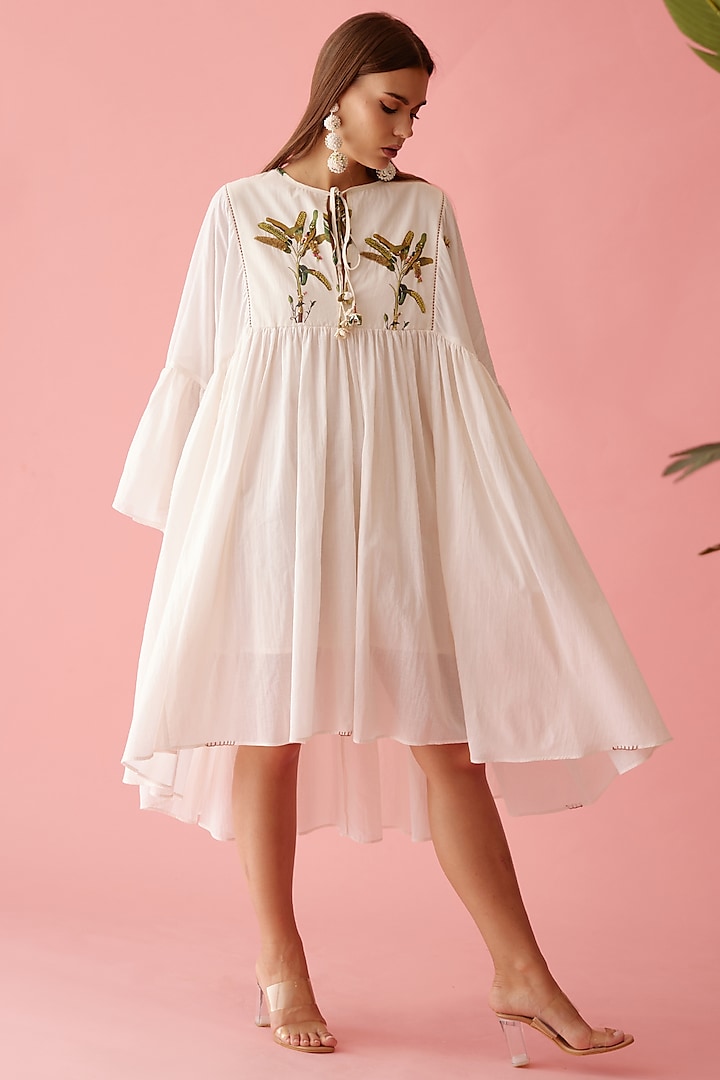 Cream Cotton Printed High-Low Dress by Nikasha