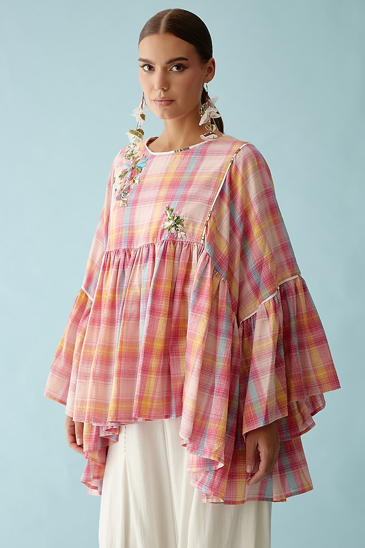 Pink Cotton Checkered & Floral Embroidered Frilled Top by Nikasha