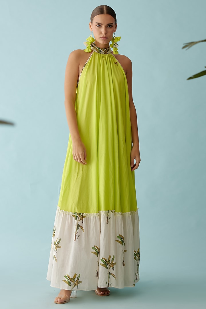 Lime Green Cotton Banana Tree Printed Maxi Dress by Nikasha