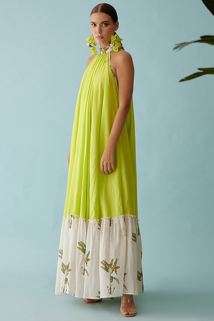 Lime Green Cotton Banana Tree Printed Maxi Summer Dress by Nikasha at Pernia's Pop Up Shop