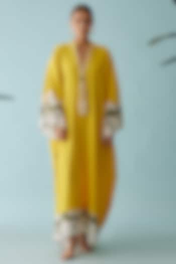 Yellow Handwoven Seersucker Cotton Banana Tree Printed Maxi Summer Dress by Nikasha at Pernia's Pop Up Shop