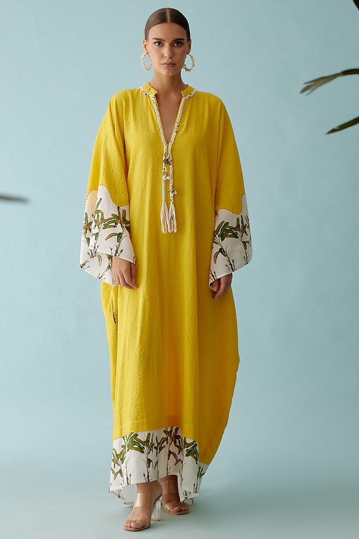 Yellow Handwoven Seersucker Cotton Banana Tree Printed Maxi Summer Dress by Nikasha at Pernia's Pop Up Shop