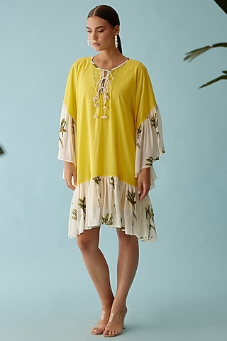 Yellow Cotton Banana Tree Printed Knee-Length Dress by Nikasha