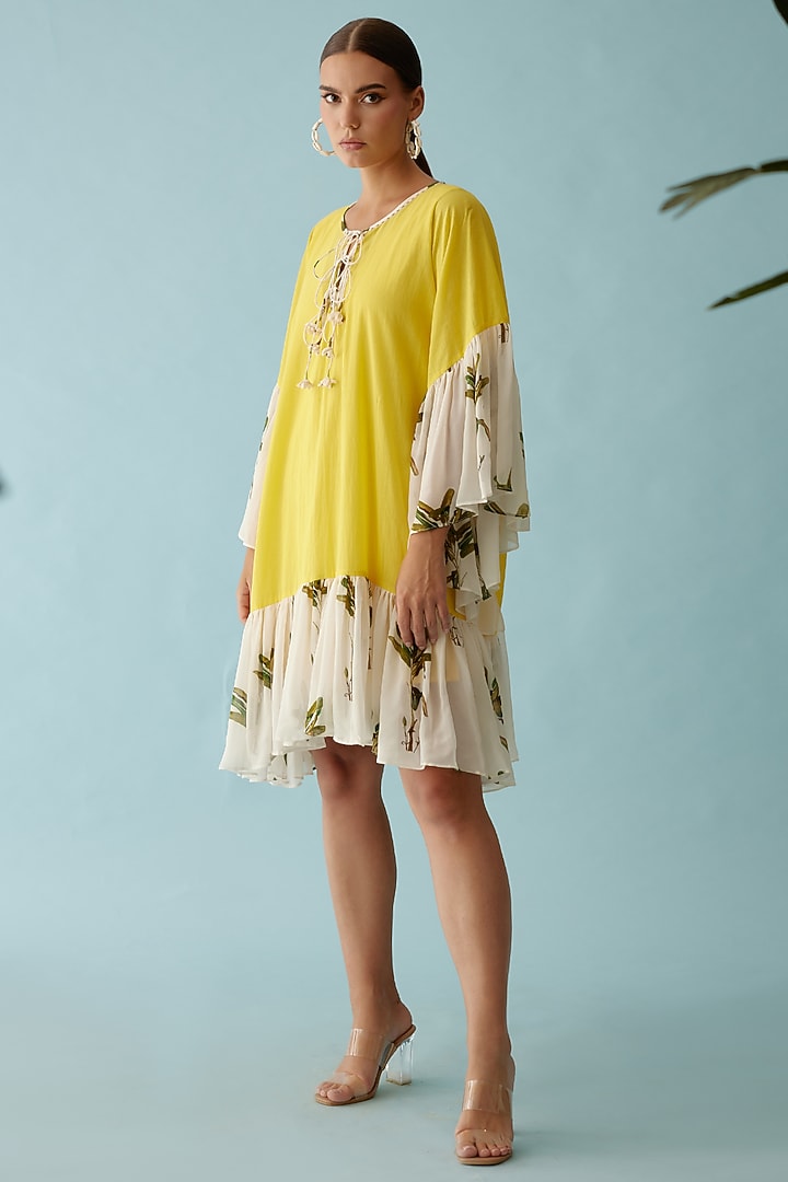 Yellow Cotton Banana Tree Printed Knee-Length Summer Dress by Nikasha at Pernia's Pop Up Shop