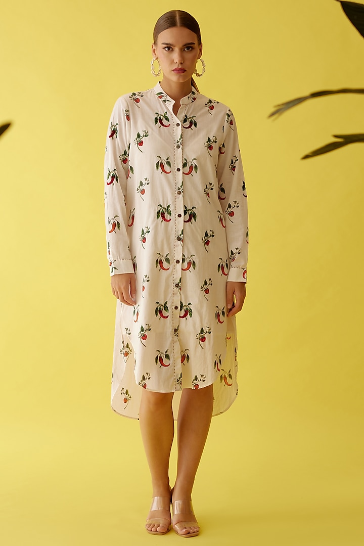 Off-White Cotton Chilii Printed & Hand Embroidered High-Low Shirt Dress  by Nikasha