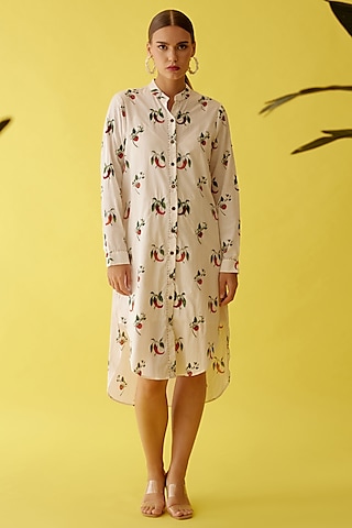 Off-White Cotton Chilii Printed & Hand Embroidered High-Low Shirt Dress  by Nikasha