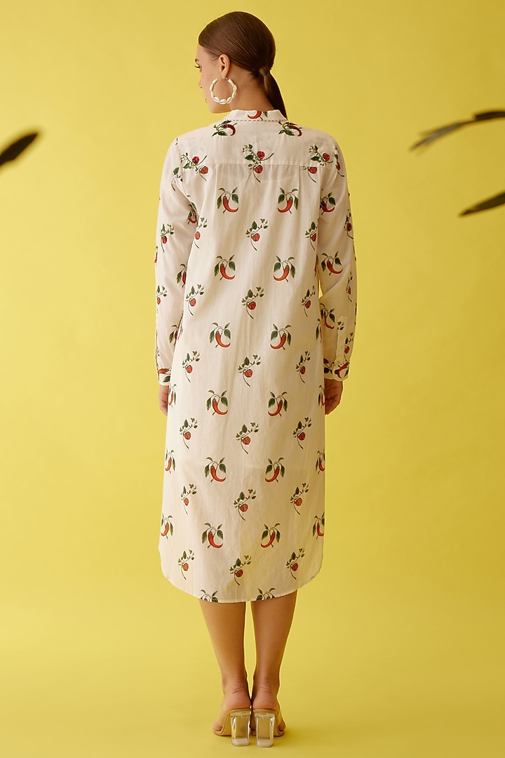 Off-White Cotton Chilii Printed & Hand Embroidered High-Low Summer Shirt Dress  by Nikasha at Pernia's Pop Up Shop
