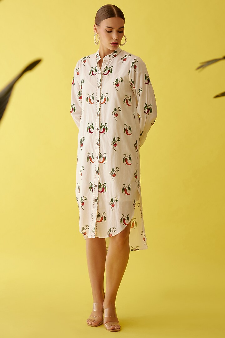 Off-White Cotton Chilii Printed & Hand Embroidered High-Low Summer Shirt Dress  by Nikasha at Pernia's Pop Up Shop