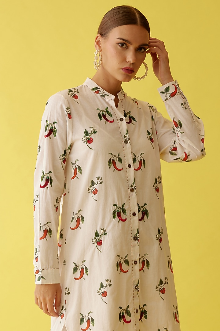 Off-White Cotton Chilii Printed & Hand Embroidered High-Low Summer Shirt Dress  by Nikasha at Pernia's Pop Up Shop