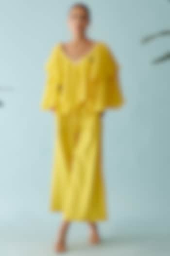 Yellow Cotton Hand Embroidered Co-Ord Set by Nikasha at Pernia's Pop Up Shop