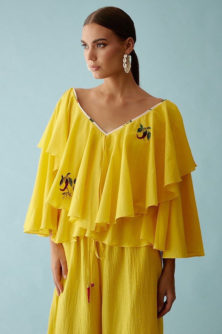 Yellow Cotton Hand Embroidered Frilled Top by Nikasha
