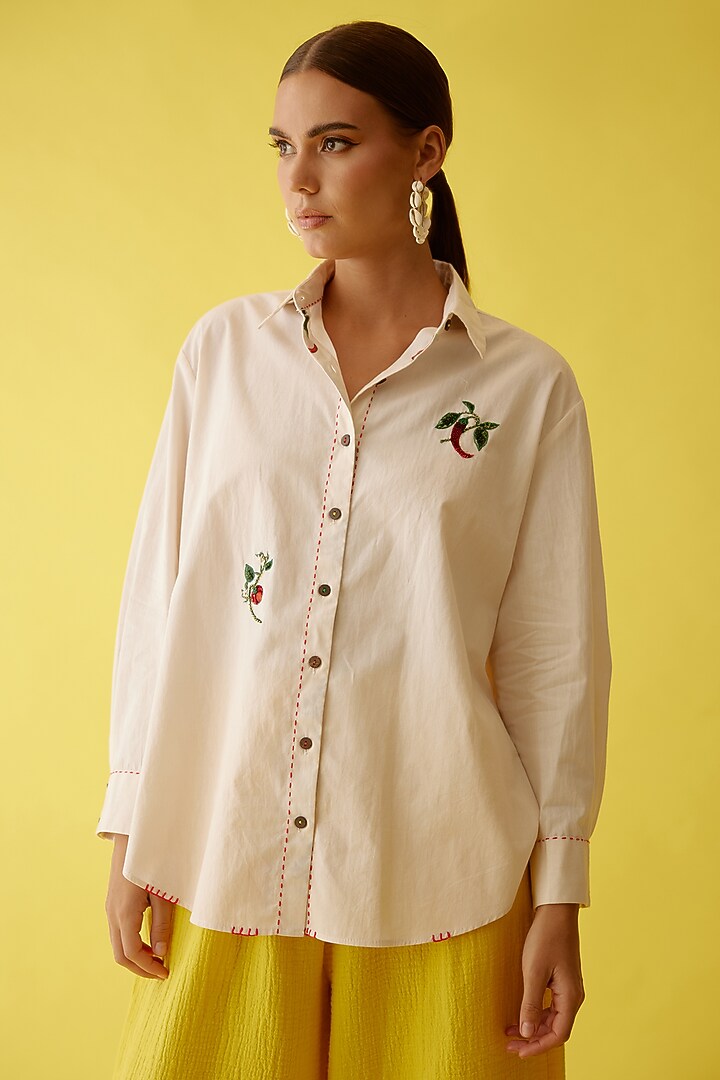Cream Cotton Hand Embroidered Shirt by Nikasha at Pernia's Pop Up Shop