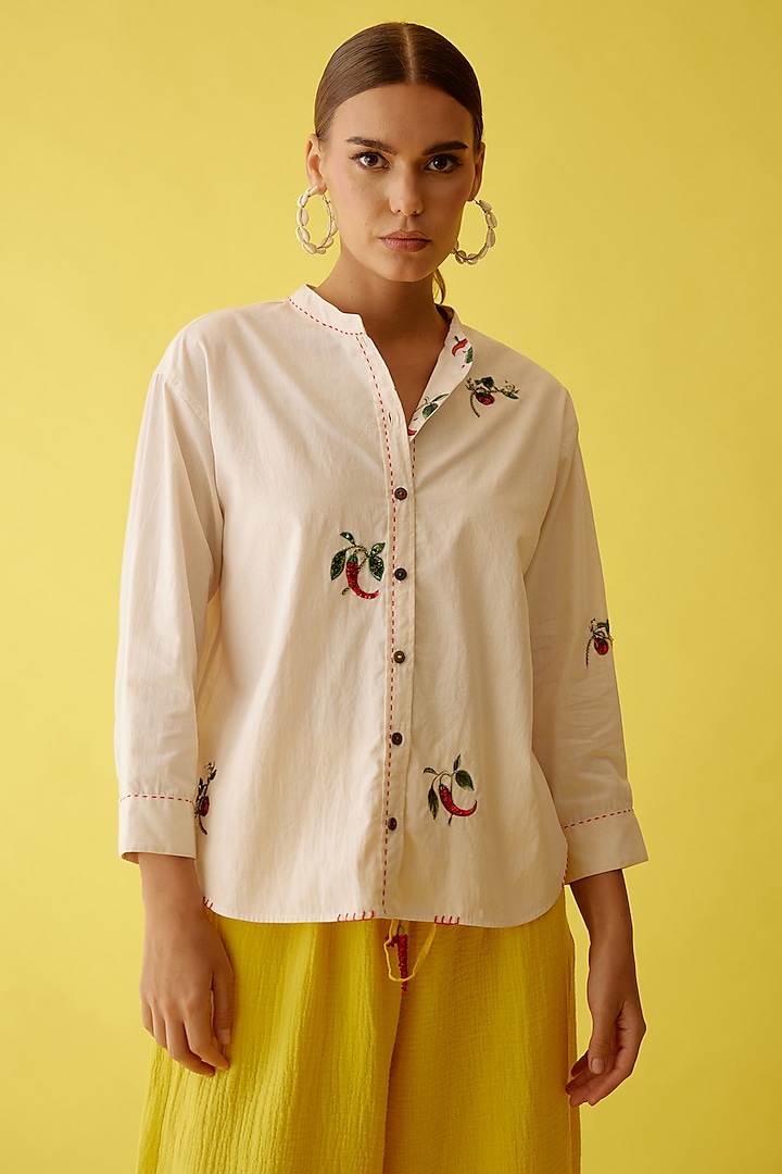 Cream Cotton Hand Embroidered Top by Nikasha