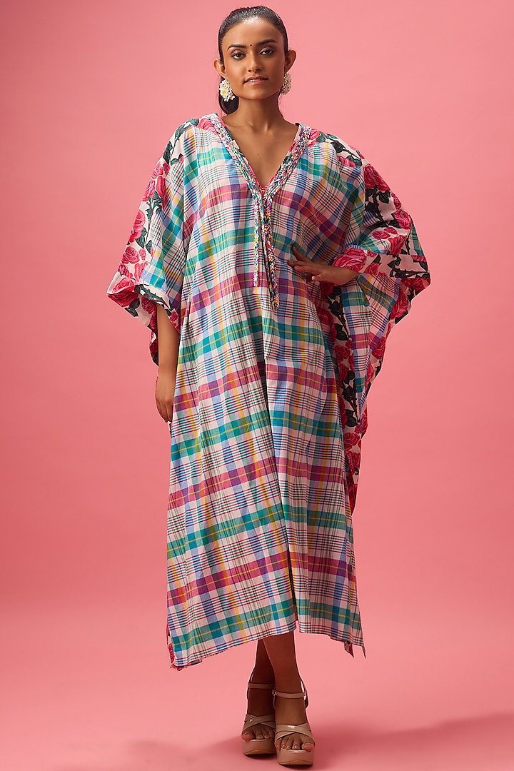 Yellow Cotton Floral & Checkered Printed Kaftan by Nikasha at Pernia's Pop Up Shop