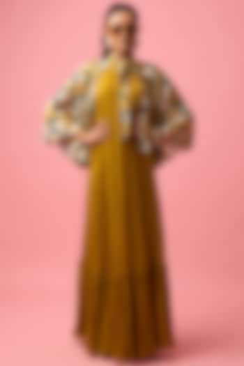 Ochre & White Modal Satin Floral Printed Maxi Cape Dress by Nikasha at Pernia's Pop Up Shop