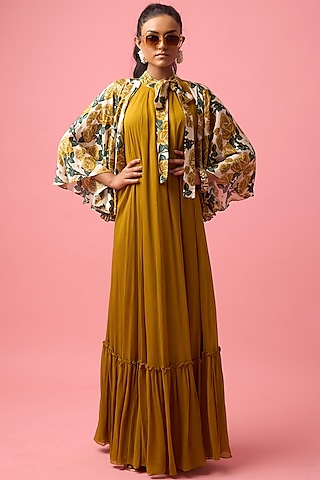 Ochre & White Modal Satin Floral Printed Maxi Cape Dress by Nikasha