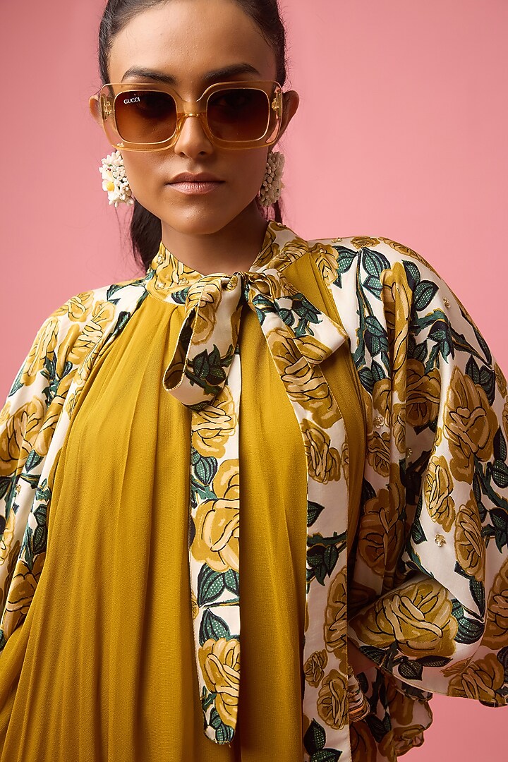 Ochre & White Modal Satin Floral Printed Maxi Cape Vacation Dress by Nikasha at Pernia's Pop Up Shop
