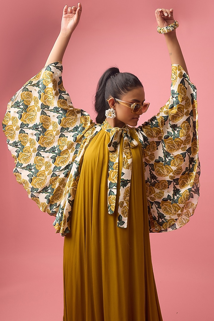 Ochre & White Modal Satin Floral Printed Maxi Cape Vacation Dress by Nikasha at Pernia's Pop Up Shop