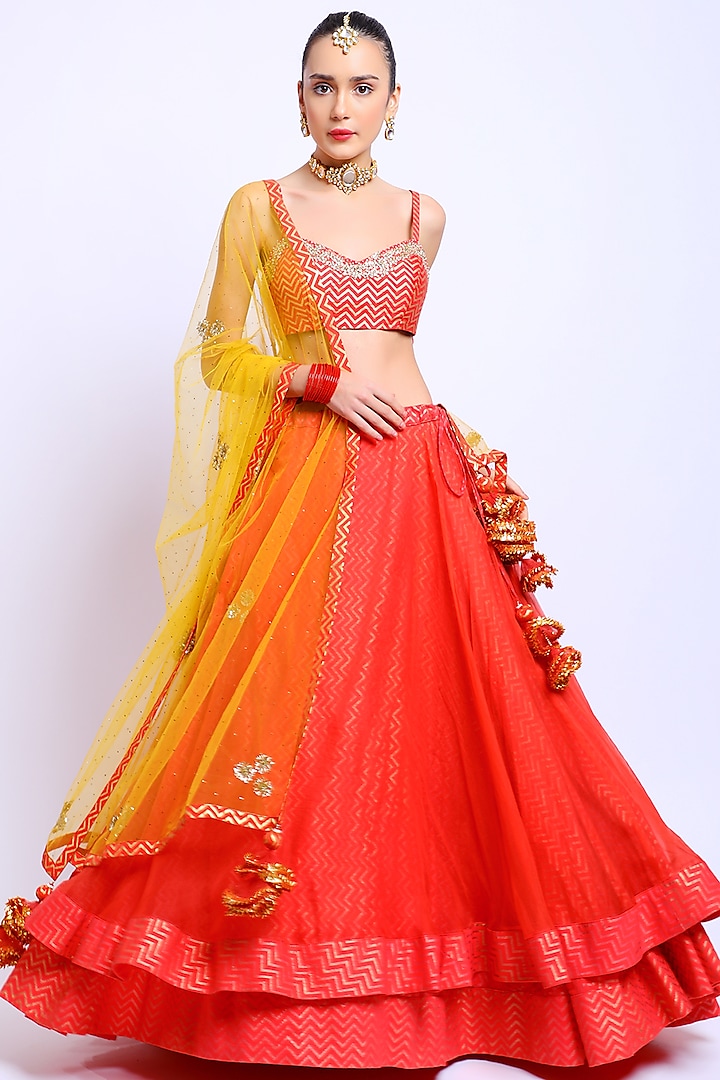 Coral Red Embroidered Wedding Lehenga Set by Nikasha at Pernia's Pop Up Shop