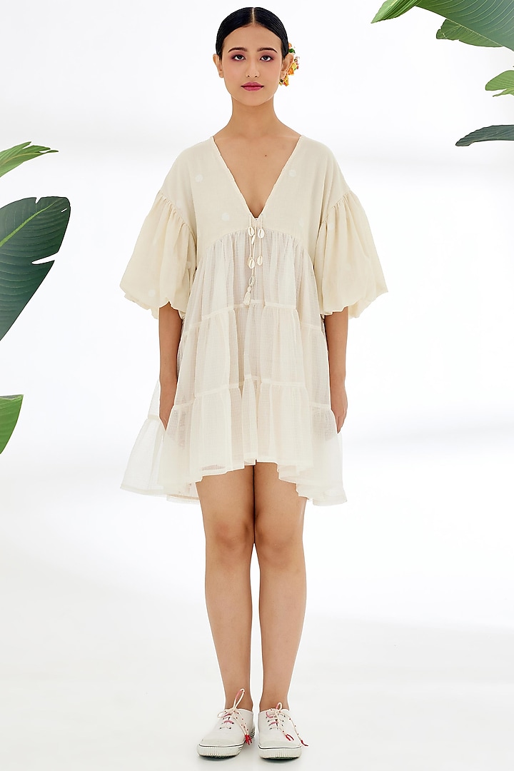 Cream Handwoven Cotton Vacation Dress by Nikasha at Pernia's Pop Up Shop
