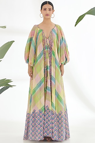 Mint Green Cotton Plaid Maxi Dress by Nikasha
