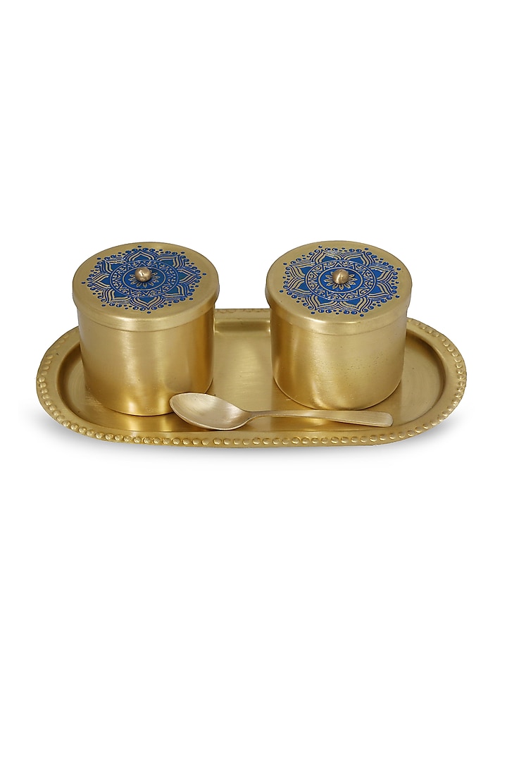 Blue Utsav Brass Condiment Jars With Tray & Spoon by Nakshikathaa at Pernia's Pop Up Shop