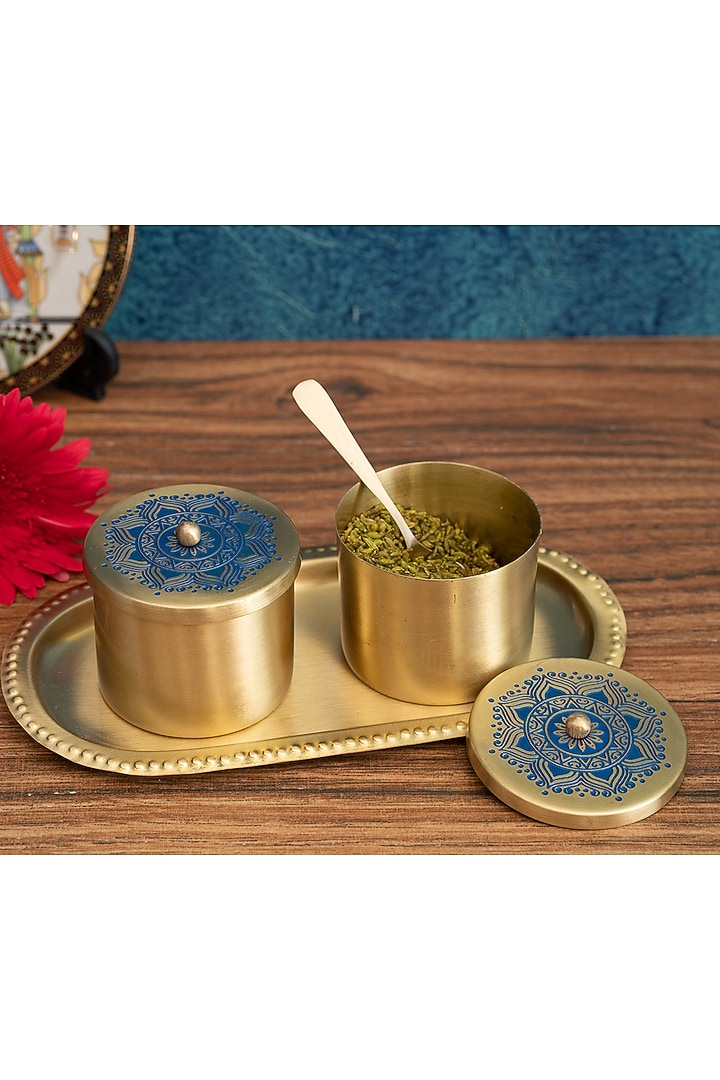 Blue Utsav Brass Condiment Jars With Tray & Spoon by Nakshikathaa at Pernia's Pop Up Shop