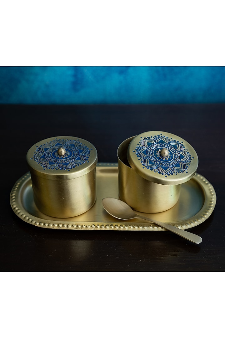 Blue Utsav Brass Condiment Jars With Tray & Spoon by Nakshikathaa at Pernia's Pop Up Shop