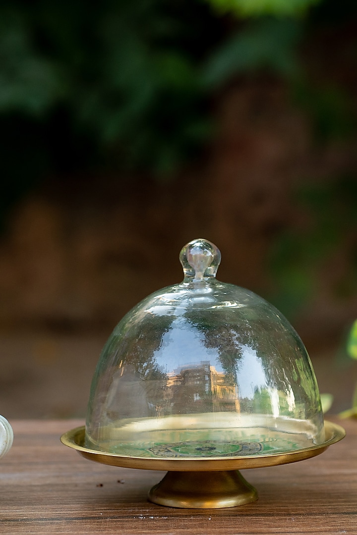 Peacock Green Utsav Brass Cake Stand With Glass Cloche by Nakshikathaa at Pernia's Pop Up Shop