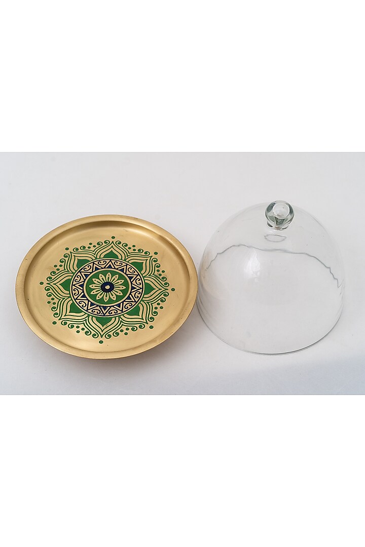 Peacock Green Utsav Brass Cake Stand With Glass Cloche by Nakshikathaa at Pernia's Pop Up Shop
