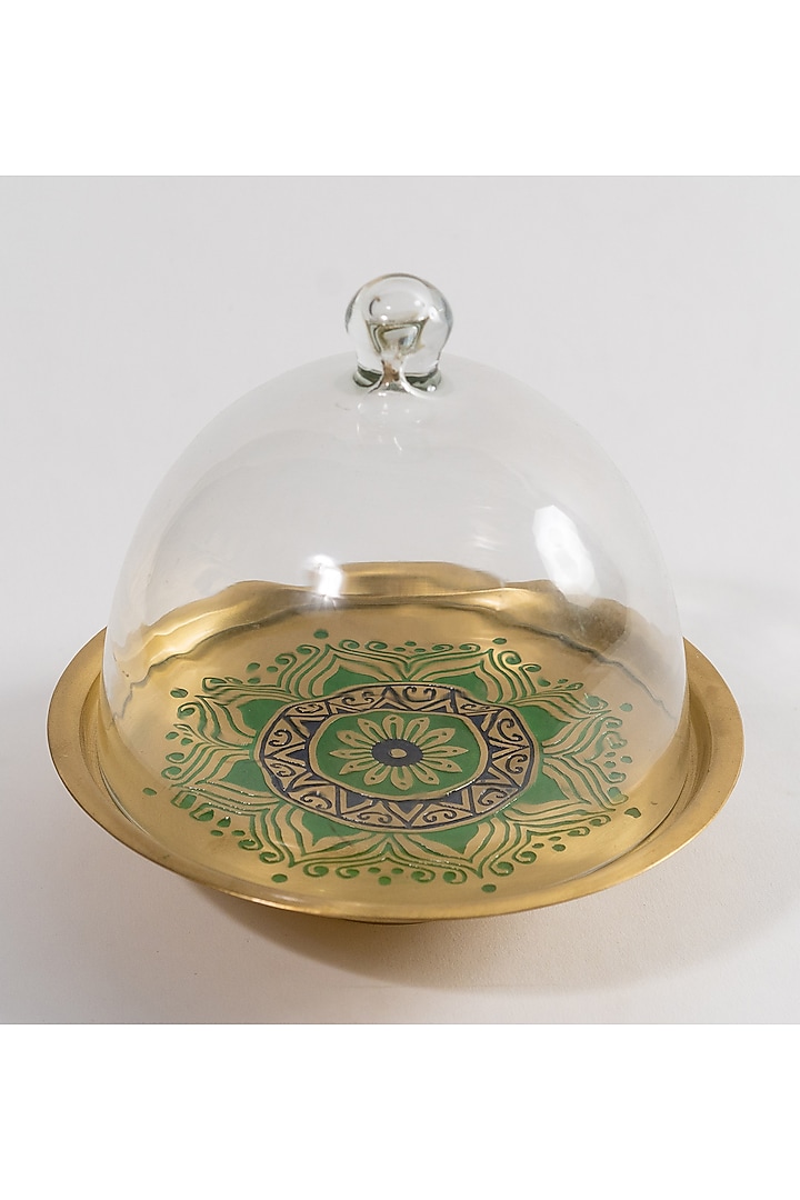 Peacock Green Utsav Brass Cake Stand With Glass Cloche by Nakshikathaa at Pernia's Pop Up Shop