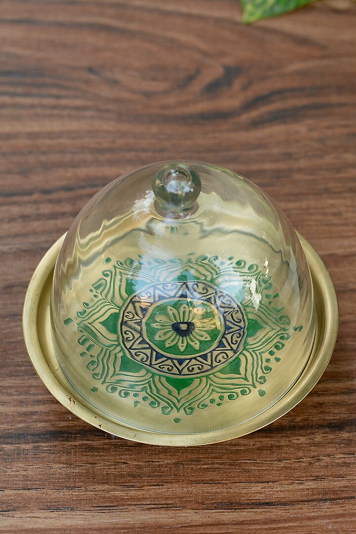 Peacock Green Utsav Brass Cake Stand With Glass Cloche by Nakshikathaa at Pernia's Pop Up Shop