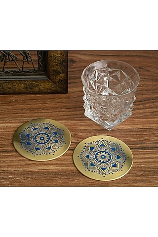 Blue Utsav Brass Coaster (Set of 2) by Nakshikathaa