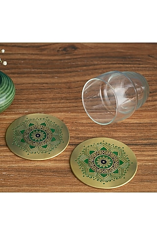 Peacock Green Utsav Brass Coaster (Set of 2) by Nakshikathaa