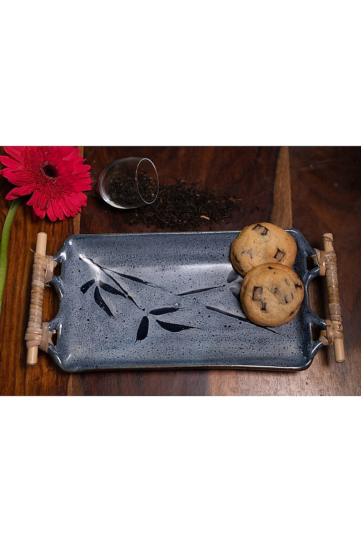 Light Blue Studio Pottery Rectangular Platter With Cane Handle by Nakshikathaa at Pernia's Pop Up Shop