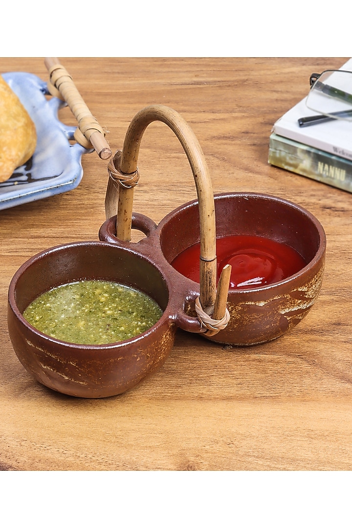 Beige Studio Pottery Chutney Server With Cane Handle From Pondicherry by Nakshikathaa at Pernia's Pop Up Shop