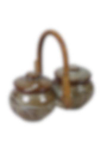 Beige Studio Pottery Salt & Pepper Set With Cane Handle From Pondicherry by Nakshikathaa at Pernia's Pop Up Shop