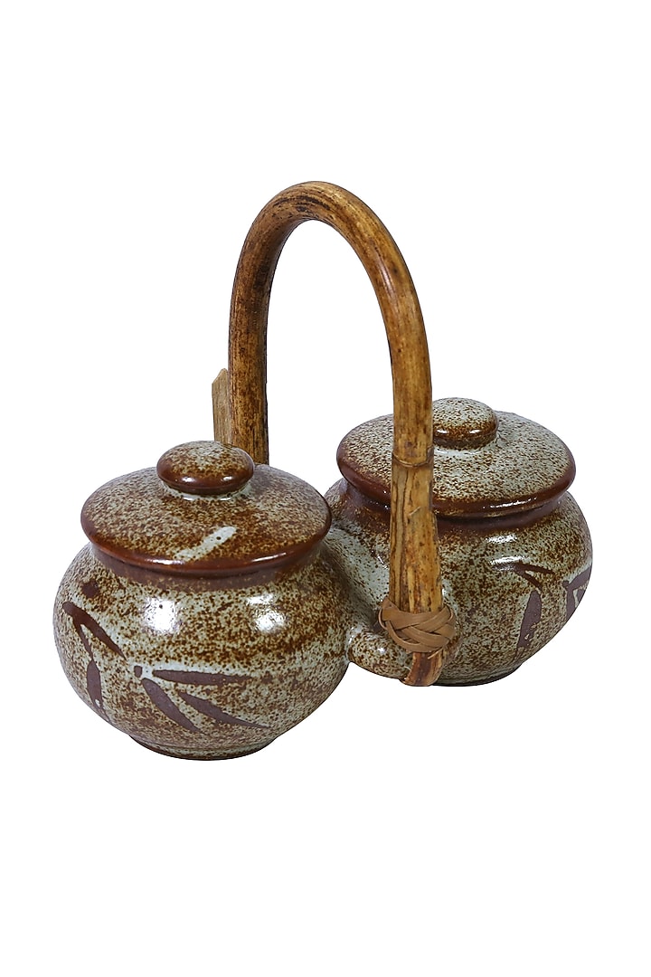 Beige Studio Pottery Salt & Pepper Set With Cane Handle From Pondicherry by Nakshikathaa at Pernia's Pop Up Shop