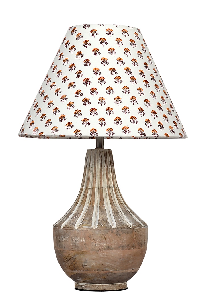 White Ektara Table Lamp With Yellow Printed Shade by Nakshikathaa at Pernia's Pop Up Shop