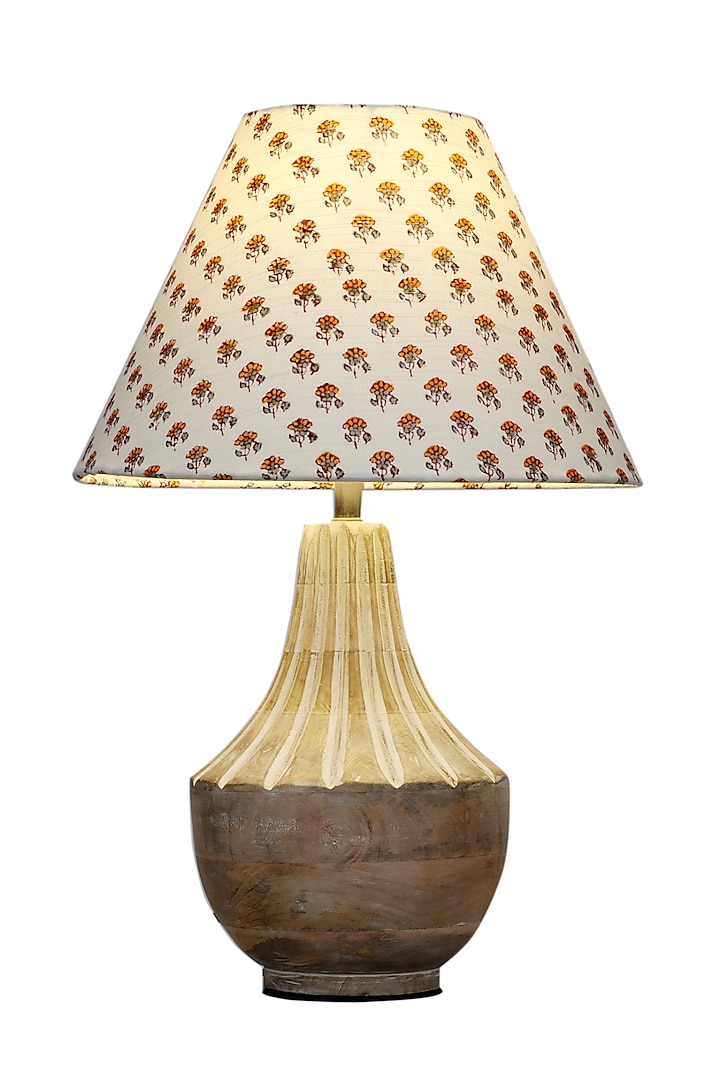 White Ektara Table Lamp With Yellow Printed Shade by Nakshikathaa at Pernia's Pop Up Shop