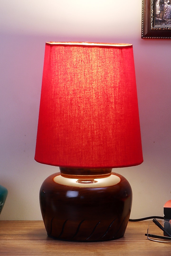 Dark Brown Nirvana Bed Side Lamp With Red Shade by Nakshikathaa