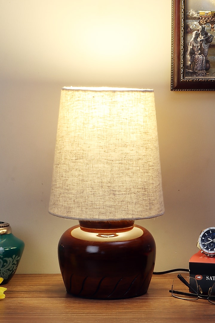 Dark Brown Nirvana Bed Side Lamp With Beige Shade by Nakshikathaa
