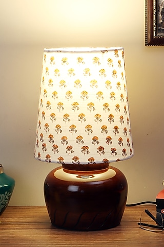 Dark Brown Nirvana Bed Side Lamp With Yellow Printed Shade by Nakshikathaa