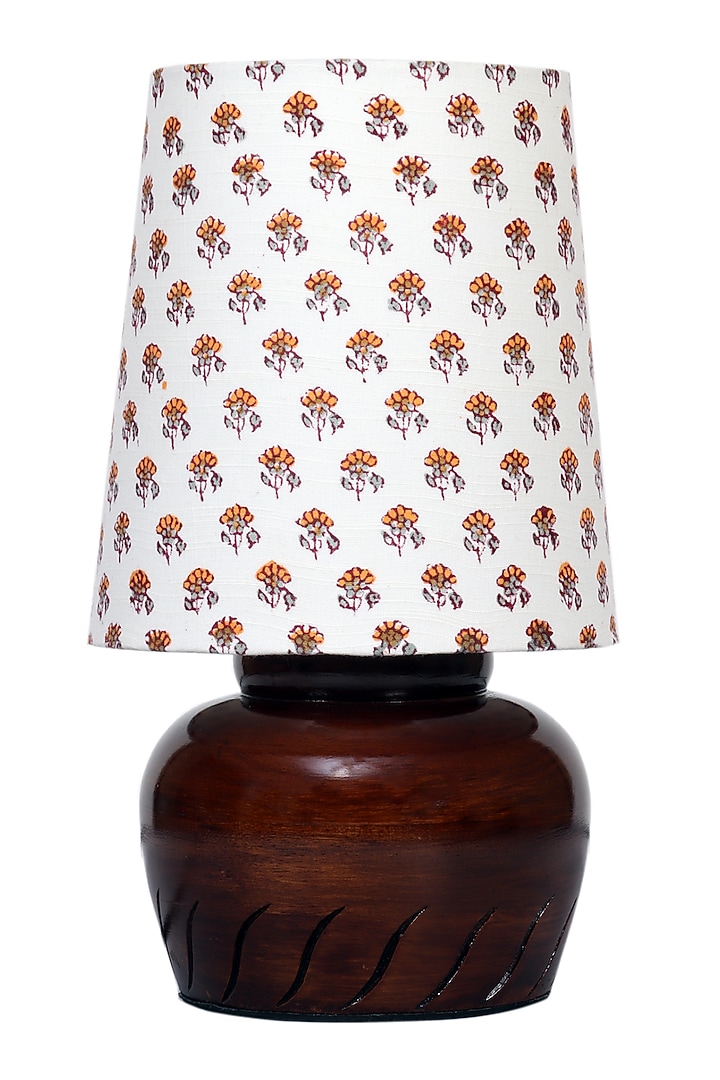 Dark Brown Nirvana Bed Side Lamp With Yellow Printed Shade by Nakshikathaa at Pernia's Pop Up Shop