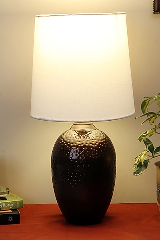 Dark Brown Nalanda Table Lamp With Ivory White Shade by Nakshikathaa