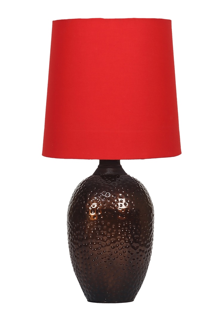 Dark Brown Nalanda Table Lamp With Red Shade by Nakshikathaa at Pernia's Pop Up Shop